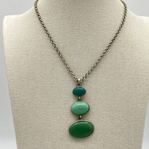 Silver Tone Necklace Green Faux Stone Pendant Modernist‎ Fashion Jewelry